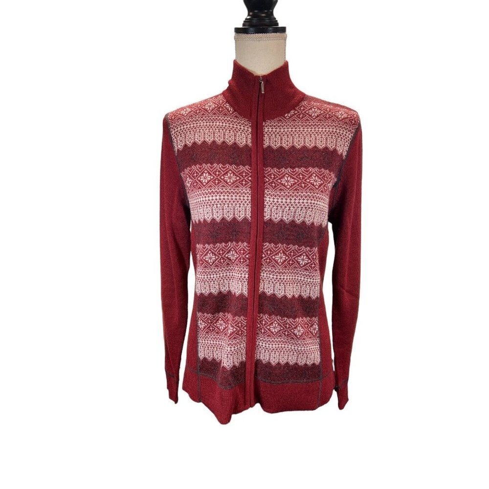 Eddie Bauer Sweater Womens‎ L Red Nordic Fair Isle Zip Up Cardigan Wool Blend
